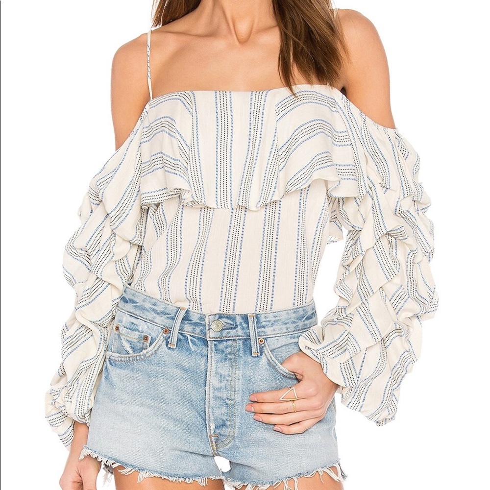 MISA Los Angeles Flora Top Stripe Ruffle Sleeve Top Sz M